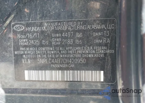 2012 Hyundai Sonata Se 2.0T из США, поврежденный, VIN 5NPEC4AB7CH420950